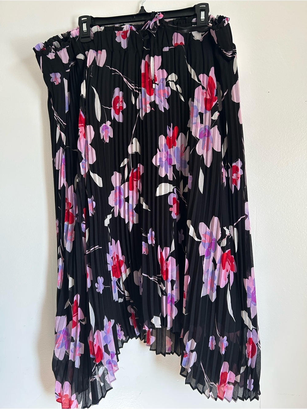 Calvin Klein Black Pleated Asymmetrical Skirt with Pink & Red Floral Print